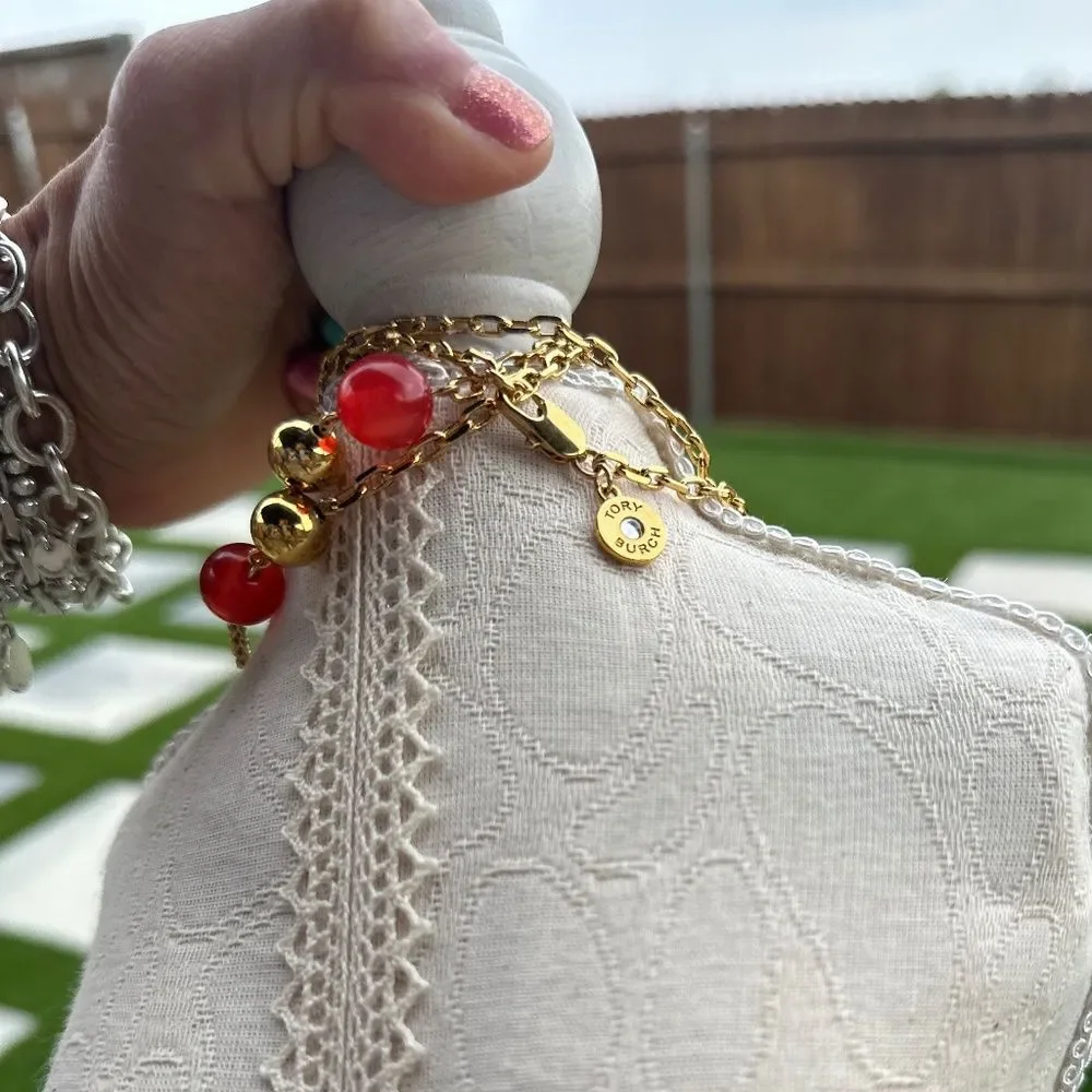 Tory Burch Rosary Station Red Enamel Necklace and Earrings